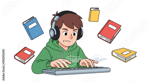 Focused young person studying with headphones, typing on keyboard surrounded by floating books. E-learning concept.
