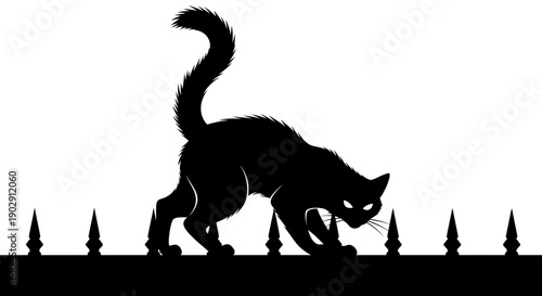 Silhouette of a black cat with glowing eyes on a spiked fence, spooky Halloween theme