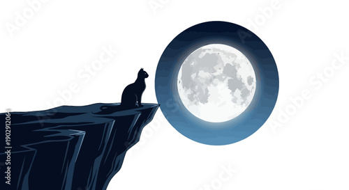 Silhouette of a Black Cat Sitting on a Cliff Edge Overlooking the Full Moon