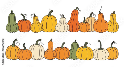 Collection of Autumn Pumpkins and Gourds in Various Shapes and Colors, Fall Season
