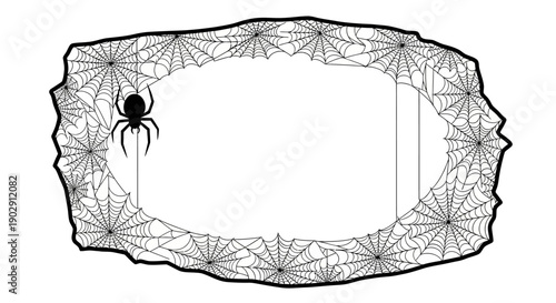 Halloween Oval Frame with Spiderweb Border and Hanging Spider Illustration