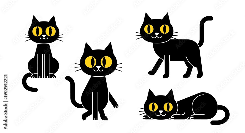 Obraz premium Collection of Cute Black Cats in Various Poses, Vector Illustration