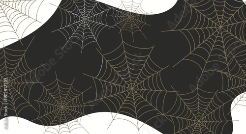 Halloween Spooky Spiderwebs on Dark Background with Wavy White Shapes