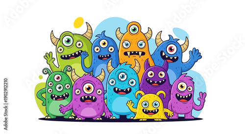 Group of Cute Colorful Monsters with Different Eyes and Horns Waving