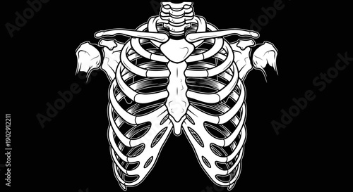 Anatomical Illustration of the Human Rib Cage Skeleton with Sternum on Black Background