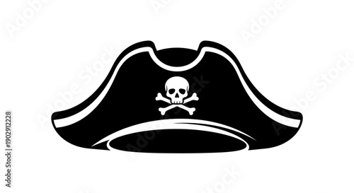 Black Pirate Hat with Skull and Crossbones Emblem, Isolated on White Background