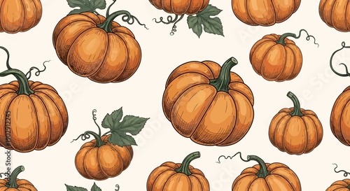 Seamless Pattern of Ripe Orange Pumpkins with Stems and Leaves on Light Background