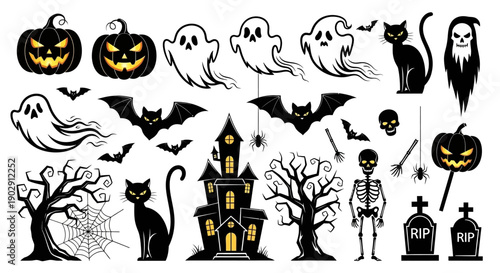 Spooky Halloween Collection: Ghosts, Pumpkins, Bats, Skeletons, Haunted House, Black Cats, Graves