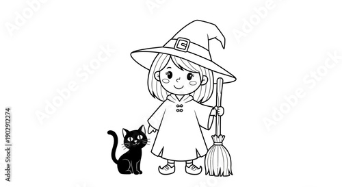 Cute Cartoon Witch Girl with Black Cat and Broomstick for Halloween Coloring Page