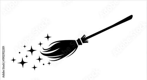 Magical Broom Sweeping Stars and Sparkles on White Background - Cleanliness Concept