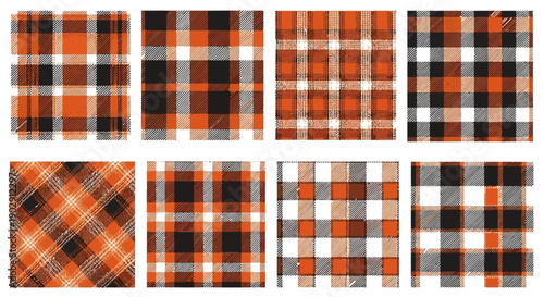 Collection of Orange, Black, White, and Gray Plaid Patterns with Textured Grunge Effect
