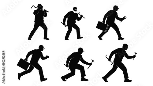 Burglar silhouettes set, thief carrying crowbar and stolen bag, criminal sneaking in mask, house robbery icons for home security syste