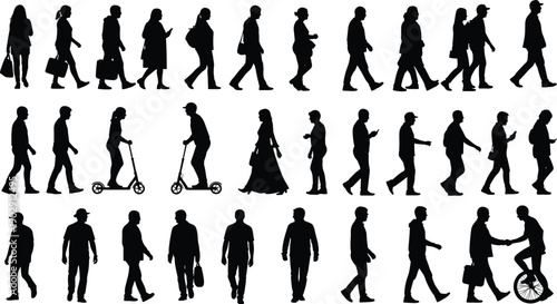 Walking people silhouette collection showing men women commuters mobility lifestyles, urban crowd movement diversity concept, daily activity, black vector illustration
