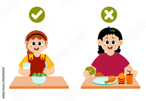 Two cute little girls. cute fat little girl is eating fast food, and thin girl is eating salad or healthy food.