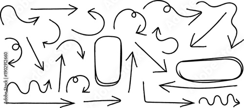 A collection of hand drawn black and white arrows and doodle like shapes are scattered across a plain white background creating abstract lines