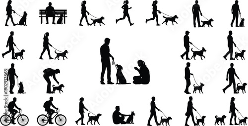 People walking dogs silhouette collection, daily outdoor activities with pets, dog training and leisure scenes, black and white vector illustration set
