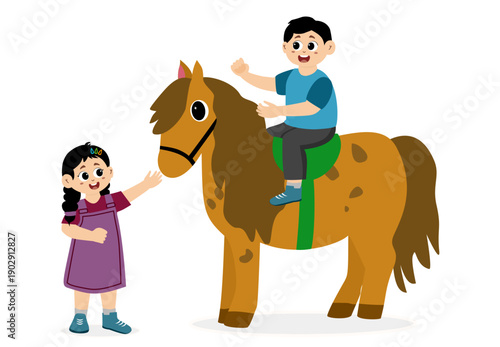 Cute Kid Jockey Riding Horse. little kid riding a horse. 
