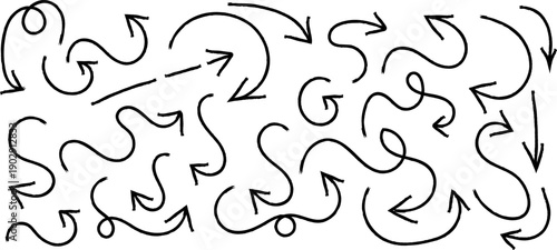A chaotic arrangement of black curved arrows fills the frame pointing in various directions with differing loop sizes high quality professional detailed modern