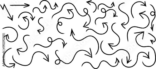 A complex pattern of swirling looping and directional arrows in black ink on a stark white background creates a chaotic visual high quality