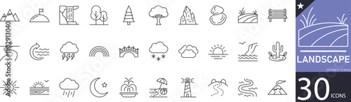  Minimal Landscape 30 line icons for trees, hills, gardens, parks, outdoor scenery, and environment design