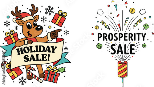 Holiday sale banner, cartoon reindeer, festive gifts, candy canes, snowflakes, prosperity sale, fireworks, confetti, celebration, seasonal promotion
