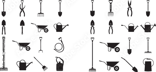 Black and white gardening tools and equipment set shovel
