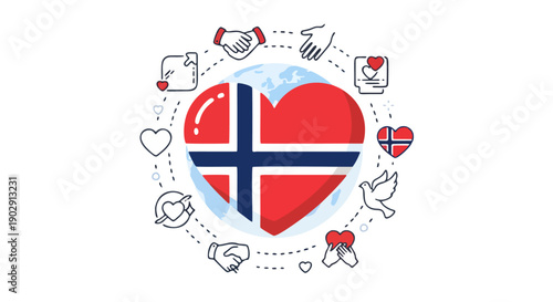 Heart-Shaped Norwegian Flag Graphic Design Surrounded by Symbols and Dotted Line Circle Representing Love and Affection for Norway in a Clean Visual Style