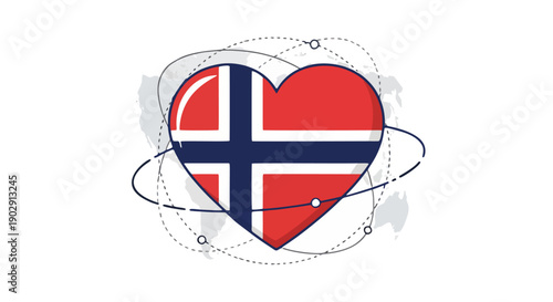 Creative Digital Graphic of Norwegian Heart Flag with Stylized Atom Design Featuring Scandinavian Cross and Electron Orbits in Red, Blue, and White