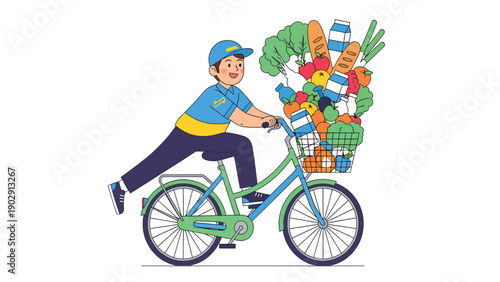 Sustainable grocery delivery: Smiling person on a bicycle with a basket full of fresh fruits, vegetables, and healthy food