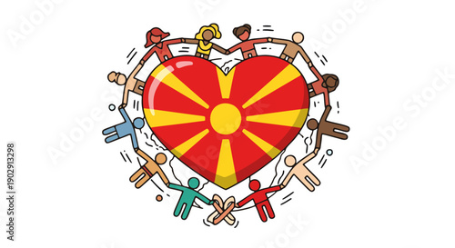 North Macedonia Heart with Red-Yellow Sunburst Design Surrounded by Eight Colorful Stick Figures Holding Hands in a Circle Symbolizing Unity and Solidarity in a Vibrant Flat Graphic Illustration