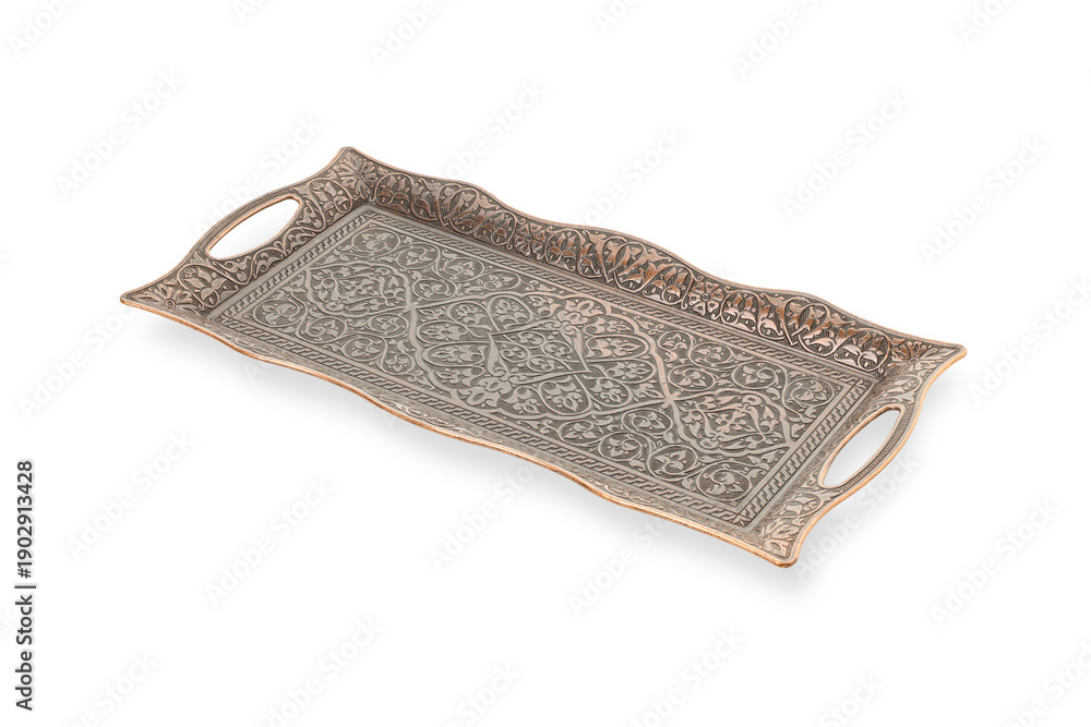 Fototapeta premium Arabic tray with raised edges and handles, isolated, PNG