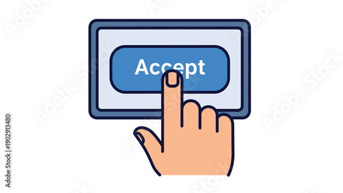 Hand clicking 'Accept' button on a digital interface. User confirmation, agreement, consent, and online interaction concept.