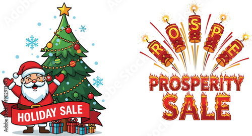 Holiday sale and prosperity sale festive banner with Santa Claus, Christmas tree, gifts, fireworks, and new year celebration background