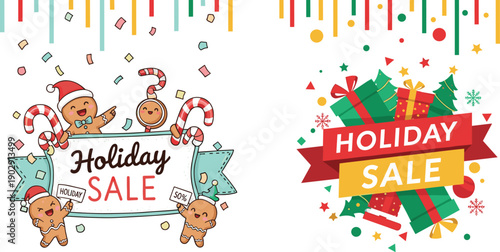 Holiday sale banner with gingerbread cookies, candy canes, gift boxes, festive decorations, Christmas discount, winter promotion, celebration, shopping, offer