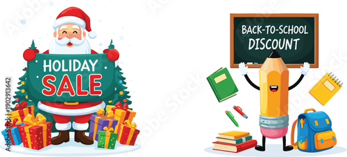 Holiday sale and back-to-school discount banner with Santa Claus, pencil character, gifts, school supplies, festive promotion, seasonal marketing