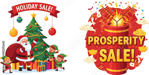 Holiday sale and prosperity sale festive banner with Santa Claus, Christmas tree, elves, Chinese New Year fireworks and decorations, celebration, discount