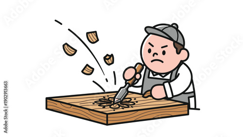 Cartoon Man Chiseling Wood with Focus, Woodworking Craft Illustration