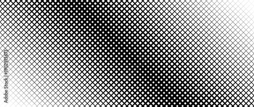 Thin to thick net pattern gradient. Fading slanted grid texture background. Black diagonal mesh backdrop for overlay, print, cover, banner, poster. Vanishing overlapping lattice wallpaper. Vector