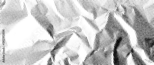 Rough halftone wrinkled foil background. Dotted crumpled metallic overlay. Black creased bitmap texture. Pixelated creasy surface in comic pop art style. Vector grain cartoon gritty paper wallpaper