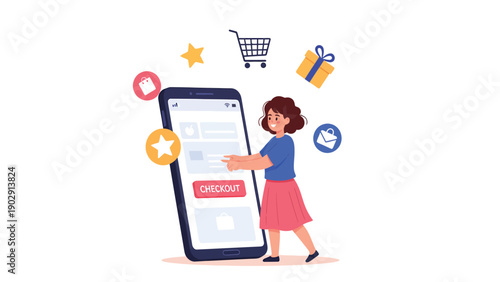 Mobile E-commerce Checkout. Woman shopping online on smartphone, completing digital purchase. Online retail and payment concept.