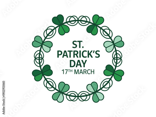 A St. Patrick's Day wreath with shamrocks and the date 17th March on a white background
