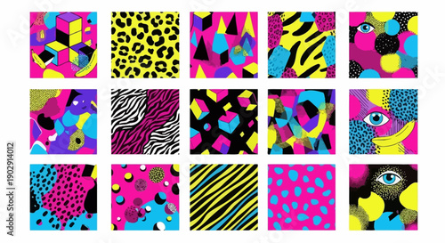 A vibrant collection of abstract geometric patterns and animal prints in bold neon colors, featuring shapes, eyes, and textures.