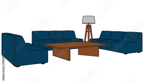 A modern living room with blue couches and a wooden coffee table