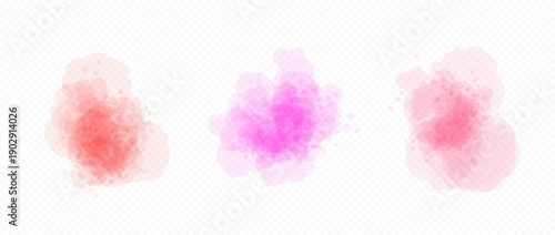Pink, red and purple blobs set in watercolor style. Soft liquid watercolour texture splash effects. Round dry ink or paint brush shape elements. Vector pastel wet color splatters, spots, stains, drops