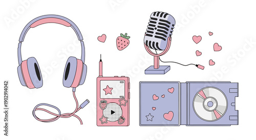 A collection of cute, pastel-colored music-related items including headphones, a portable music player, a microphone, and a CD case.