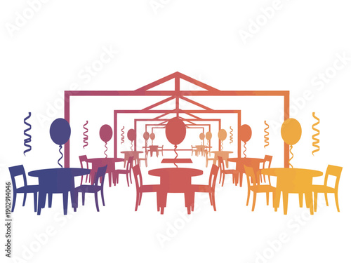 A colorful illustration of a festive party venue with balloons and tables