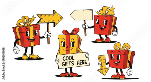 A collection of cartoon gift boxes with faces and arms, holding signs and arrows, promoting gifts.