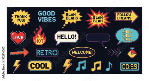 A collection of retro-style graphic elements including speech bubbles, arrows, lightning bolts, music notes, and a timer.