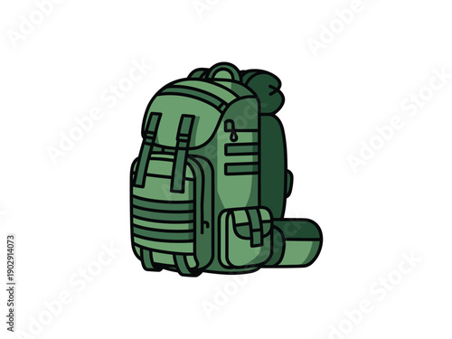 A green backpack with multiple compartments and pockets on a white background