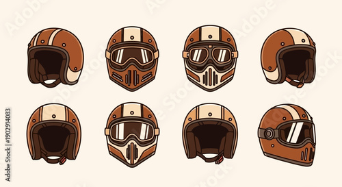 Collection of eight vintage-style motorcycle helmets in brown and cream colors, featuring various designs and goggles.